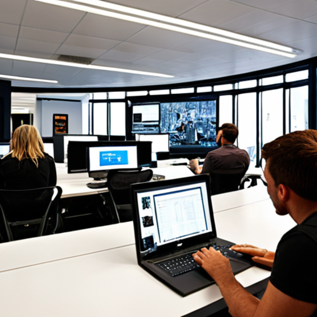 **Image Prompt:** A modern, open-plan office space at Meta. Employees from diverse backgrounds are collaborating on projects using laptops and large interactive displays. The atmosphere is energetic and innovative, but with a hint of pressure.