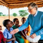 빌 게이츠 글로벌 건강 프로젝트 - **A visionary leader collaborating with local health workers in a bustling, yet hopeful, village set...