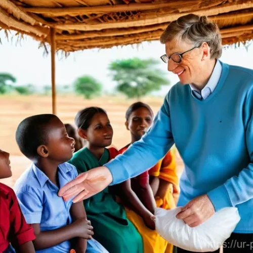 빌 게이츠 글로벌 건강 프로젝트 - **A visionary leader collaborating with local health workers in a bustling, yet hopeful, village set...