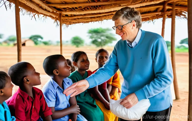 빌 게이츠 글로벌 건강 프로젝트 - **A visionary leader collaborating with local health workers in a bustling, yet hopeful, village set...