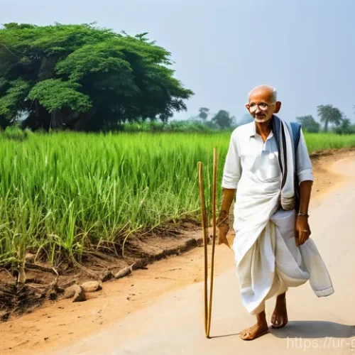 마하트마 간디 독립 운동 - He is depicted walking steadfastly along a dusty coastal road in India, dressed in his characteristi...