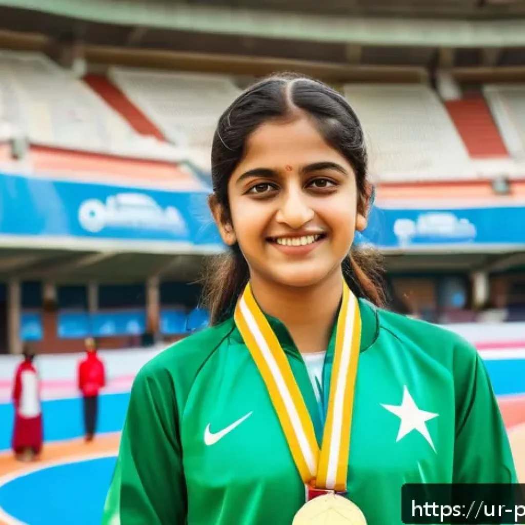 나디아 콤네치 사회적 영향 - A vibrant and inspiring scene of a young South Asian girl in traditional Pakistani attire, confident...