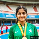 Home 18 나디아 콤네치 사회적 영향 - A vibrant and inspiring scene of a young South Asian girl in traditional Pakistani attire, confident...