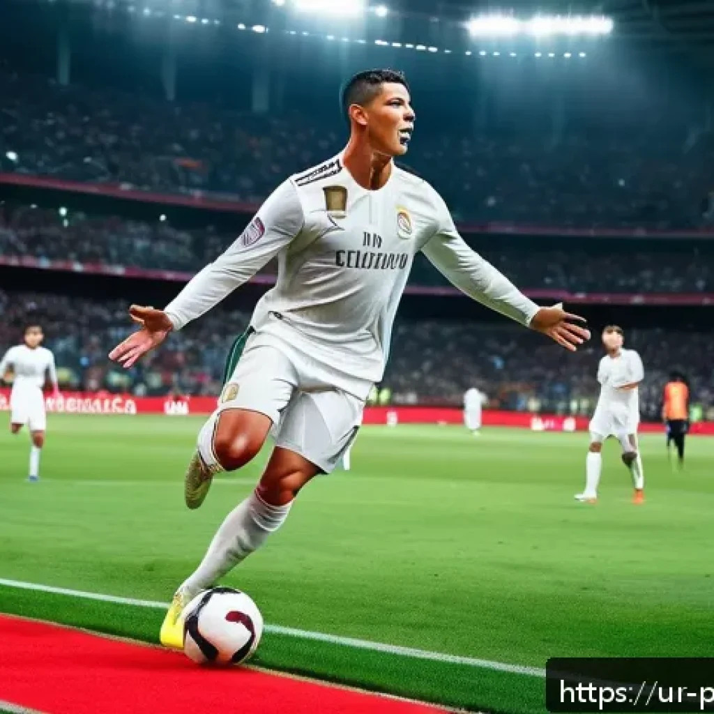 크리스티아누 호날두 글로벌 팬층 - A highly detailed portrait of Cristiano Ronaldo in action during a football match, wearing his iconi...