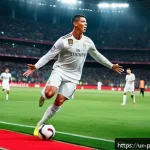 Home 23 크리스티아누 호날두 글로벌 팬층 - A highly detailed portrait of Cristiano Ronaldo in action during a football match, wearing his iconi...