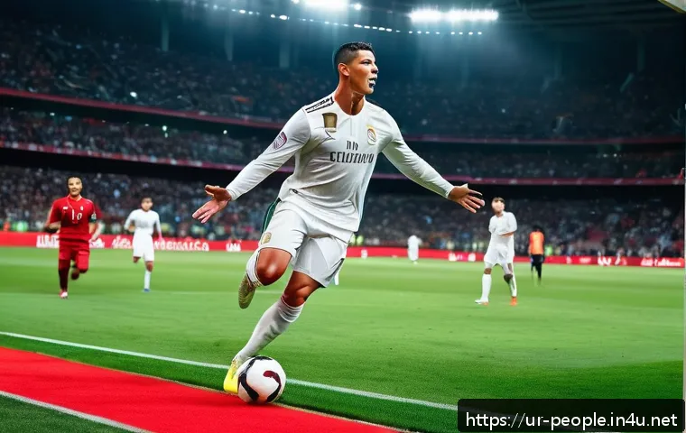 크리스티아누 호날두 글로벌 팬층 - A highly detailed portrait of Cristiano Ronaldo in action during a football match, wearing his iconi...